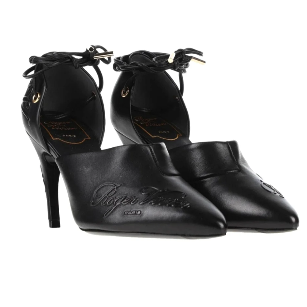 Roger Vivier Logomania Leather Pointed Toe Lace Up Heel Pumps Size 38.5 - Picture 1 of 12